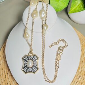 Chico's Grand Statement Necklace featuring baroque faux pearls and pavé pendant